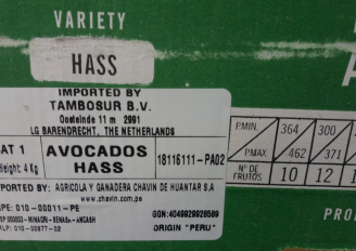 Etiket op een doos met avocado's. Foto van WUR. 