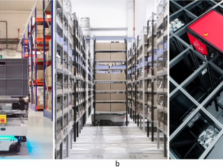 Figure 5: Examples of different types of AMRs in warehousing applications. a MiR industrial AMR for internal transportation (source: MiR100, Honeywell Safety & Productivity Solutions, UK); b CarryPick RMFS from Swisslog (source: Swisslog); and c AutoStore RCSR system (source: AutoStore)