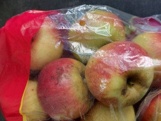Let op! Het ruw oppakken van deze zak appels veroorzaakte butsen en schilbeschadigingen. Foto door WUR.