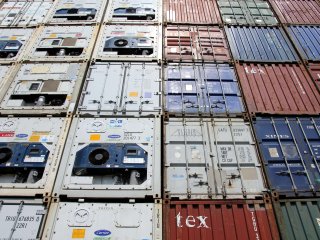 Reefer containers (white) and standard general purpose containers. Photo by Hieronymus Ukkel/Shutterstock.com
