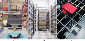 Figuur 5: Voorbeelden van verschillende soorten AMR's in magazijntoepassingen. a. MiR industriële AMR voor intern transport (bron: MiR100, Honeywell Safety & Productivity Solutions, VK); b. CarryPick RMFS van Swisslog (bron: Swisslog); en c. AutoStore RCSR-systeem (bron: AutoStore).