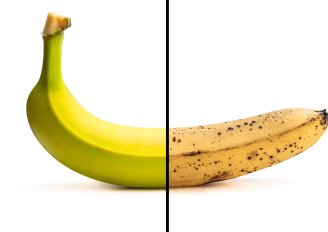 Een banaan die kunstmatig gesplitst is in rijp (links) en overrijp (rechts). Foto van Elena Zajchikova/Shutterstock.com