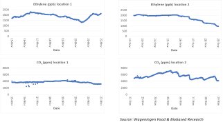 Ethylene (upper 2 graphs) and CO2 (lower 2 graphs) in a distribution center. Source: WFBR