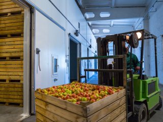 Een heftruck in een koelhuis met appels. Foto van Sodel Vladyslav/Shutterstock.com