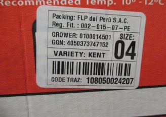Label on a box with mangos. Photo by WFBR. 
