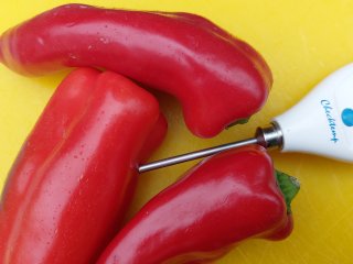 Het meten van producttemepratuur van paprika met een steekthermometer. Foto van WUR. 